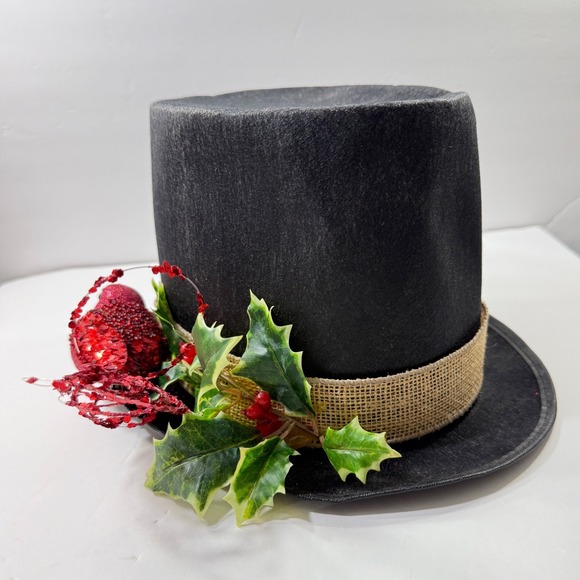 Christmas Vintage Top Hat Steampunk Decorative Black Felt Burlap Holly Red Bird - Picture 3 of 12